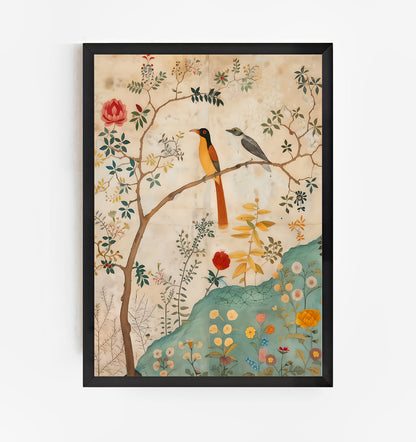 Framed artwork with birds on a branch and floral elements on a beige background