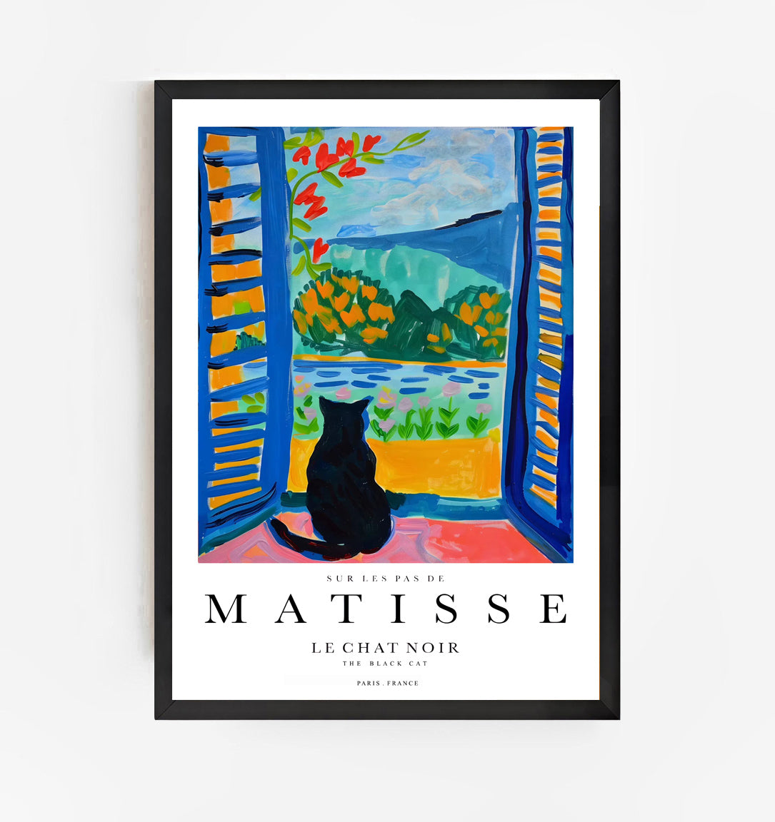 Framed Matisse art print with a black cat and open window scene.