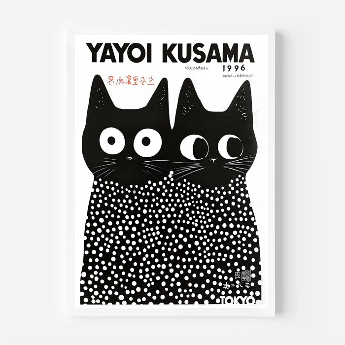 Kusama-style minimalist black and white cat poster