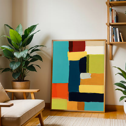 Colorful abstract painting in a living room with plants and a bookshelf.