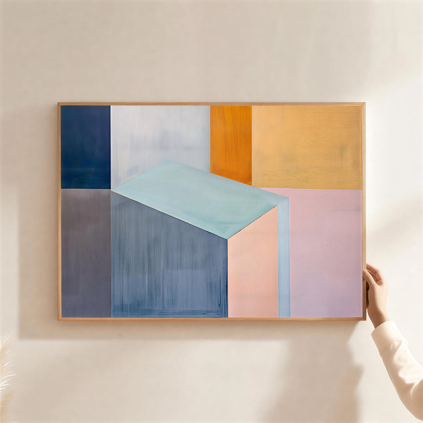 Contemporary wall art with layered geometric forms and pastel tones