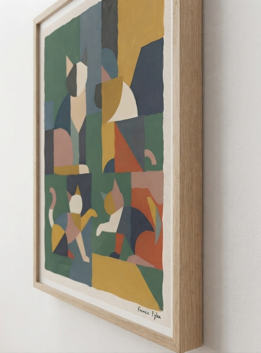 Mid-Century Modern Geometric Cat Acrylic Poster

framed Glossy acrylic Mid Mod cat poster featuring premium archival printing and bold geometric abstract cat artwork for modern interiors by PrintHaus.