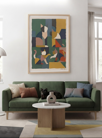 Mid-Century Modern Geometric Cat Acrylic Poster featuring a geometric abstract cat acrylic print in earthy terracotta, sage green and mustard yellow tones, original artwork by Francis Phylae, exclusively from PrintHaus.