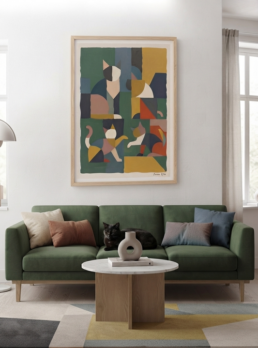 Mid-Century Modern Geometric Cat Acrylic Poster featuring a geometric abstract cat acrylic print in earthy terracotta, sage green and mustard yellow tones, original artwork by Francis Phylae, exclusively from PrintHaus.