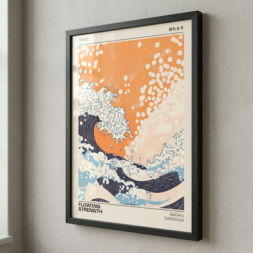 Black Wooden Framed Japanese gallery poster featuring traditional wave artwork and typography