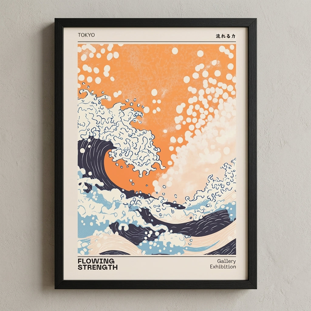 Framed deep blue and orange Japanese wall art print with coastal wave design