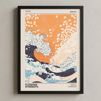 Framed deep blue and orange Japanese wall art print with coastal wave design