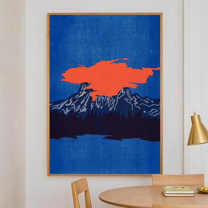 Dining room with a blue wall featuring an abstract orange and white artwork, wooden table, and chairs.