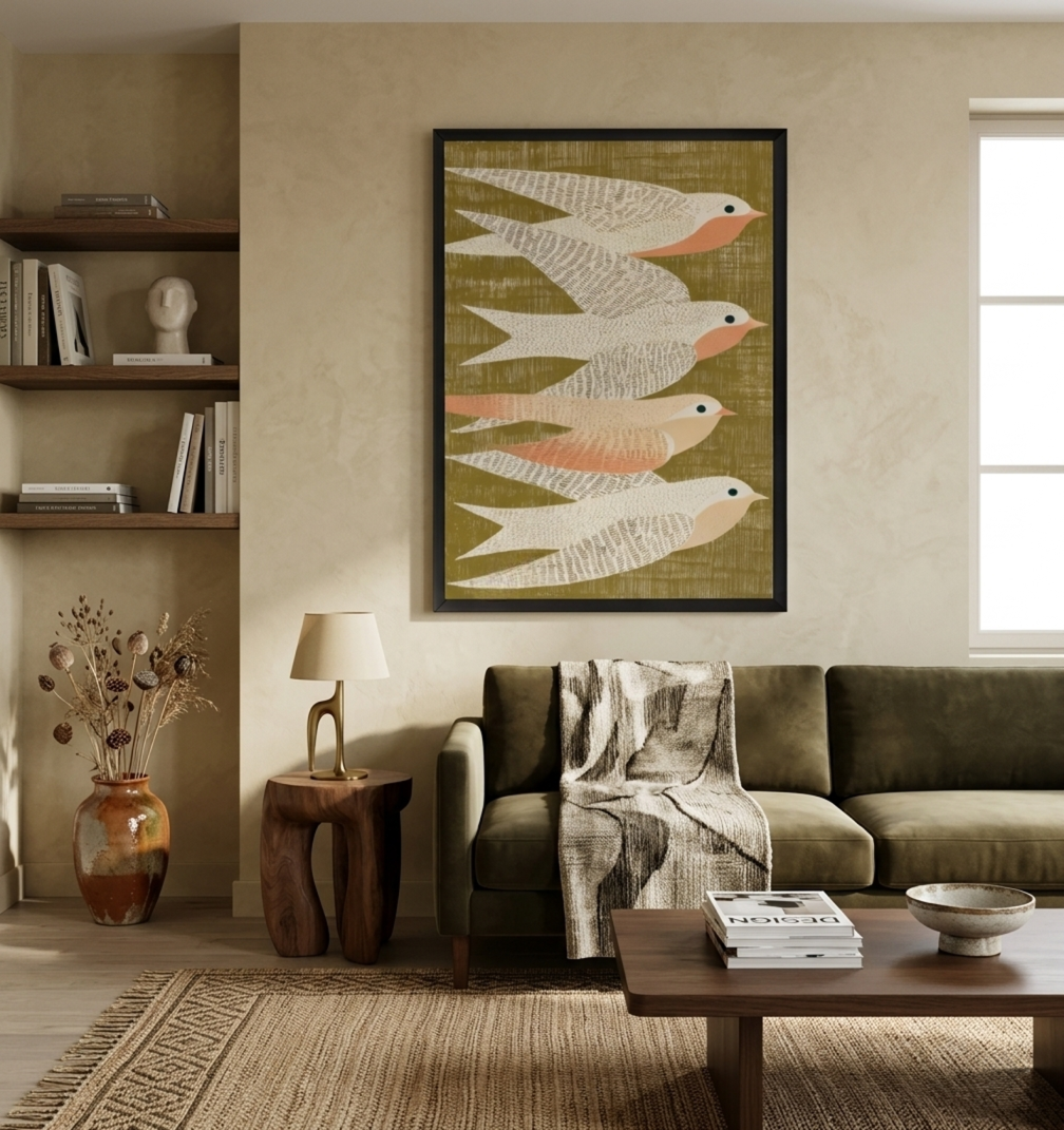 Nordic bird artwork print by PrintHaus in soft neutral beige and sage green tones
