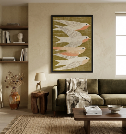 Nordic bird artwork print by PrintHaus in soft neutral beige and sage green tones