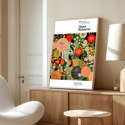 Yayoi Kusama abstract botanical dot art poster framed and displayed in stylish minimalist living room — modern Japanese wall art interior styling inspiration