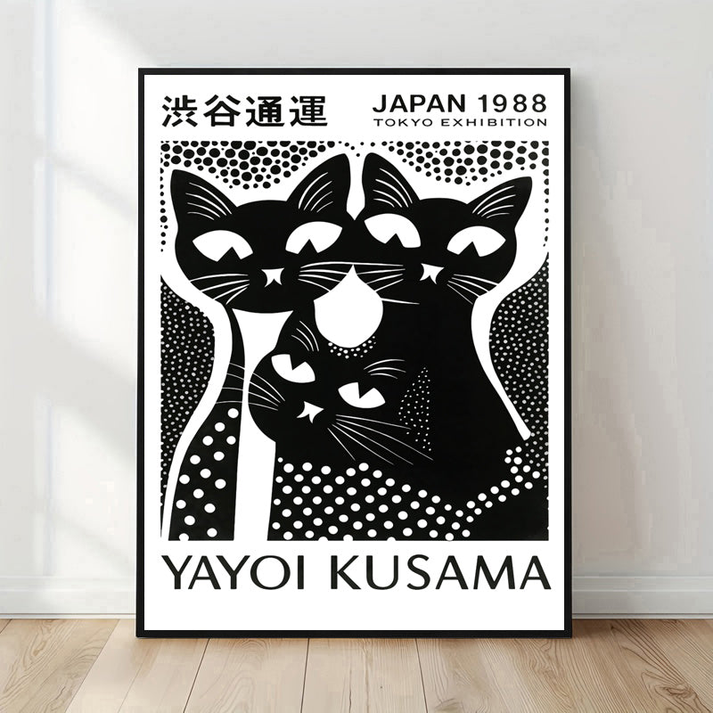 Retro Japanese cat artwork with graphic patterns