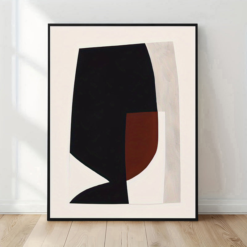 Abstract art print with black and brown shapes on a beige background, framed in black.