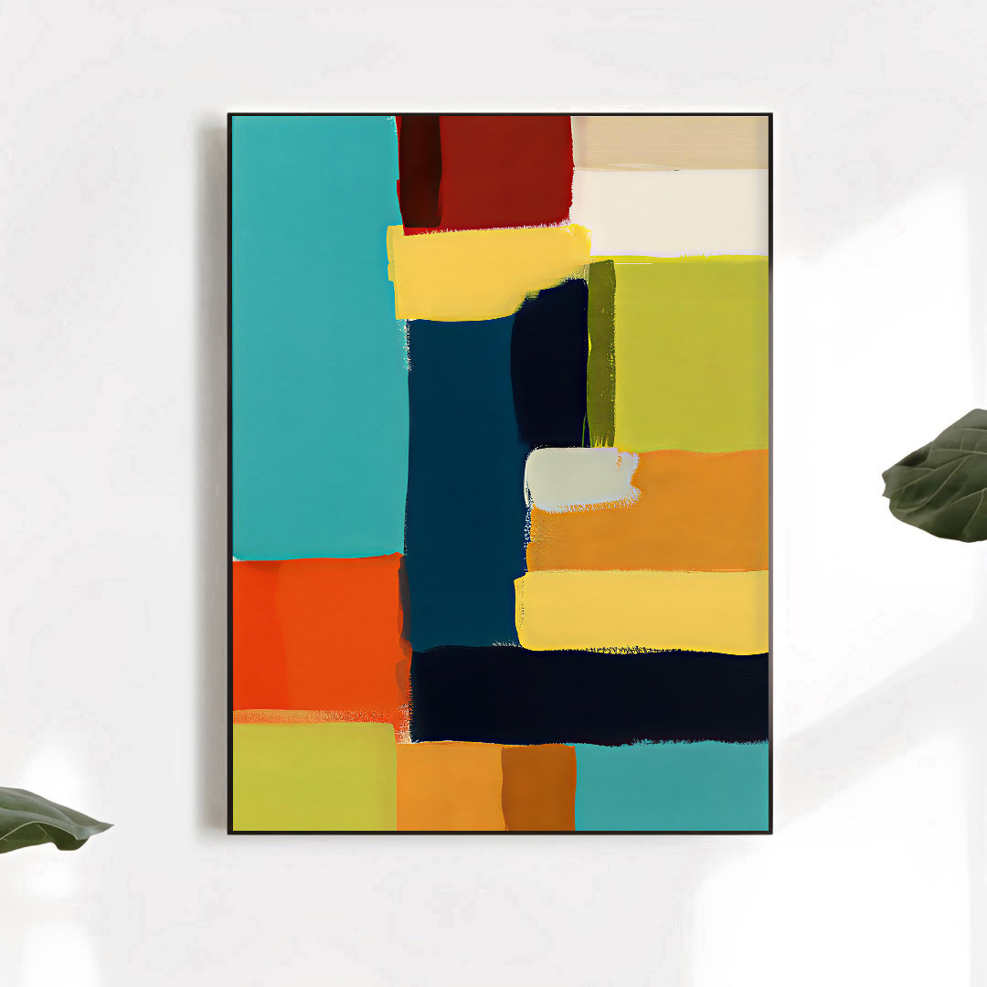 Abstract art painting with colorful blocks on a white wall