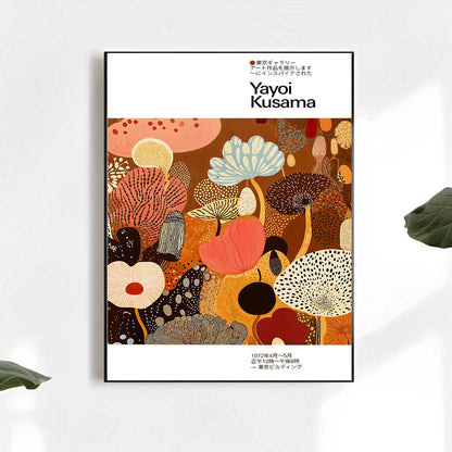 Framed artwork with colorful abstract design and 'Yayoi Kusama' branding on a white wall.