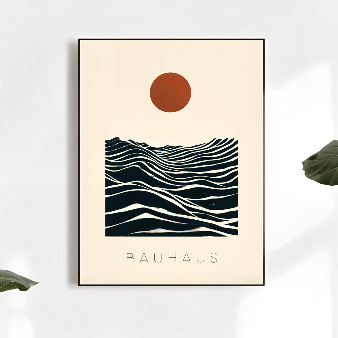 modernist poster with flowing lines and sun