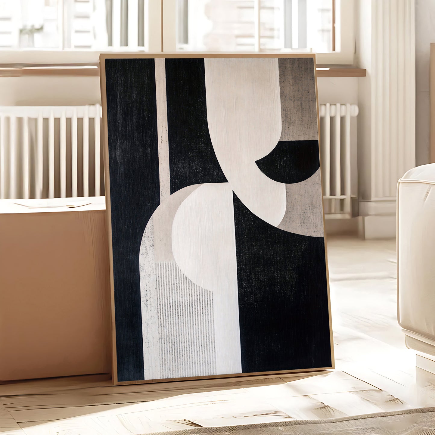 Abstract art piece with geometric shapes in a minimalistic room.